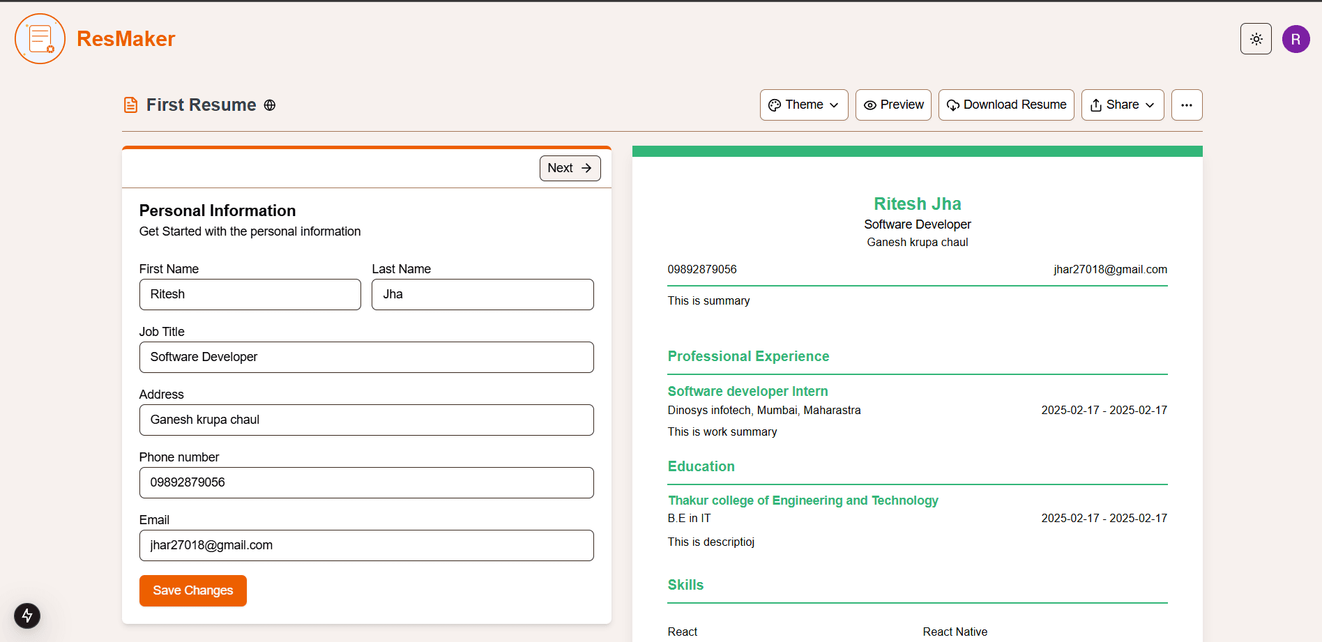 App dashboard